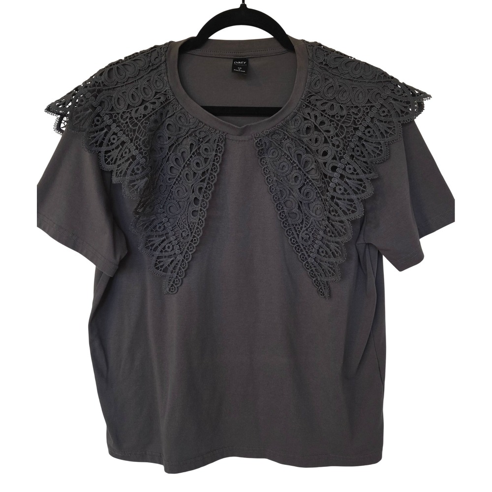 Gray Lace Collar Short Sleeve T-Shirt XL Whimsigoth Edwardian Royal Preppy Boho